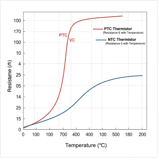 Resistance vs temperature curve showing how a PTC temperature sensor increases resistance while an NTC thermistor decreases it.