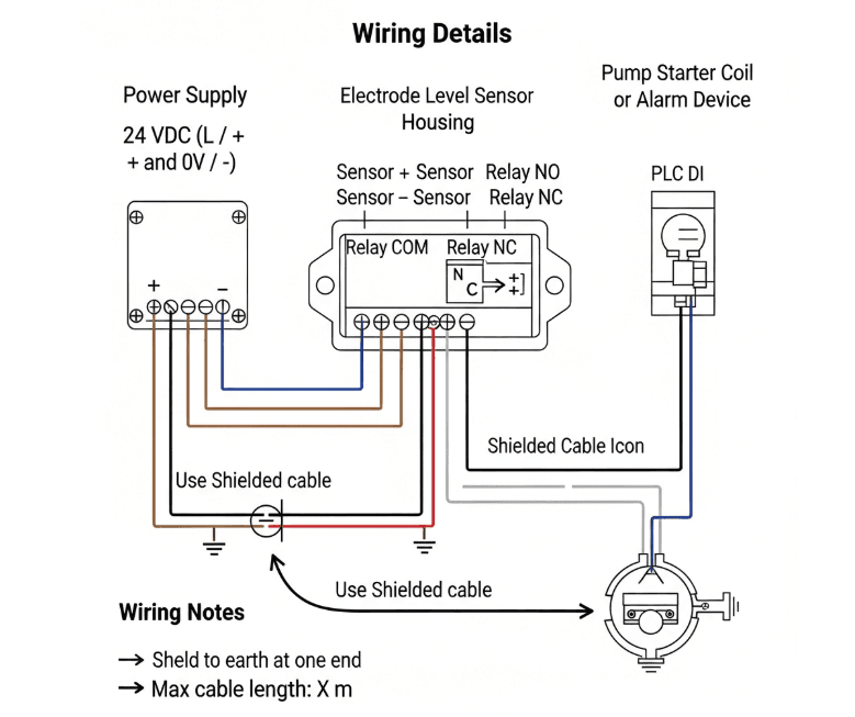 Wiring diagram: electrode sensor relay output connected to PLC