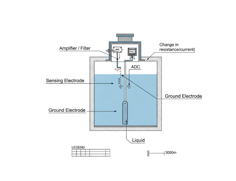 Schematic diagram of electrode level sensor showing probe, ground and signal conditioning