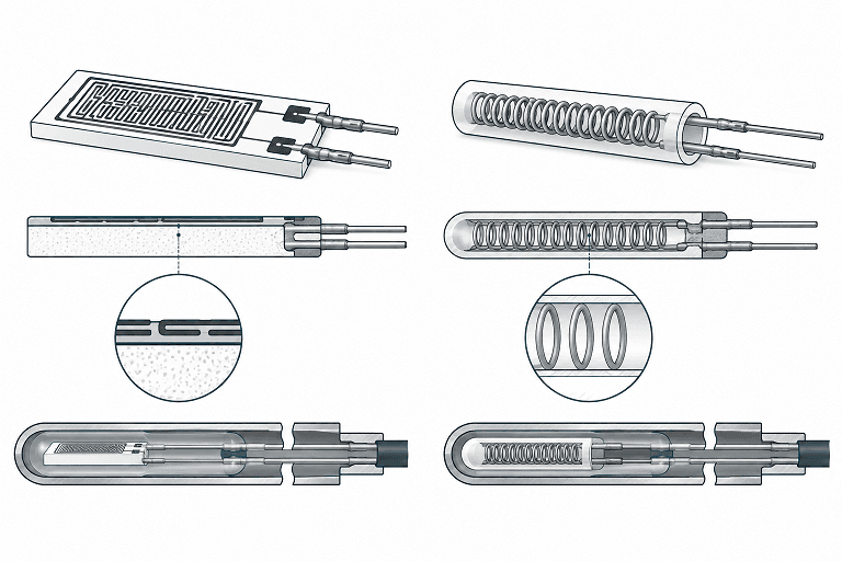 Thin film vs wire wound PT1000 RTD element construction comparison